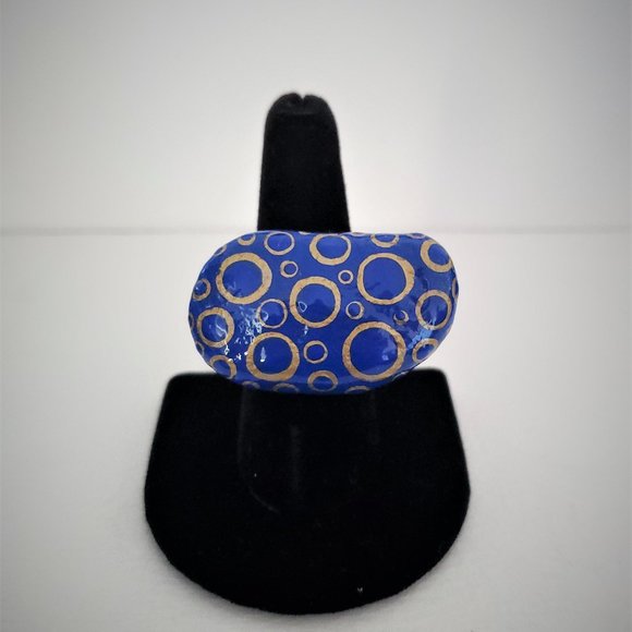 Hand Painted Dot Art Cobalt and Gold Statement Ring - Picture 3 of 5